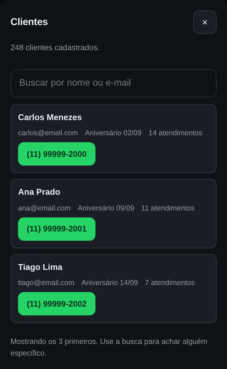 Lista de clientes com telefone e número de atendimentos