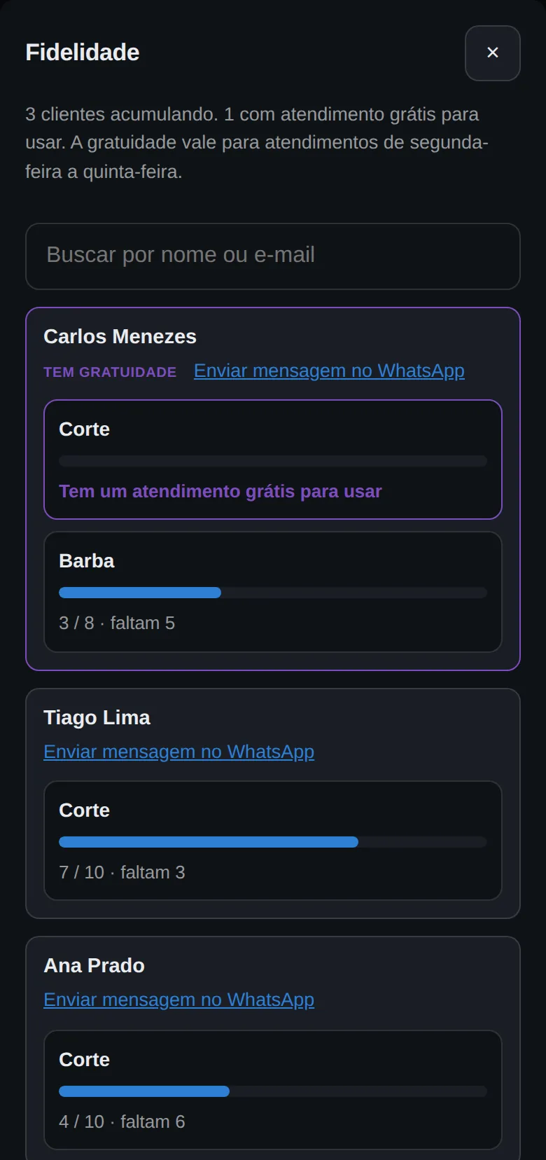Tela de fidelidade com a barra de progresso de cada cliente