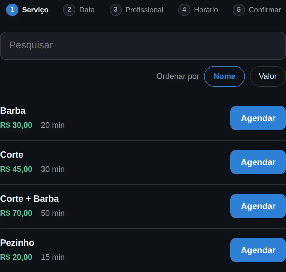 Lista de serviços com preço e duração